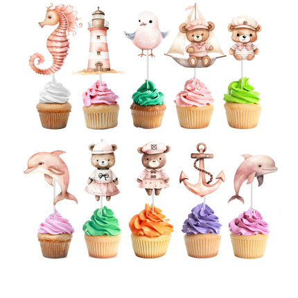 Pink Sailor Cupcake Toppers - 10pcs Set - Nautical Themed Party Decorations