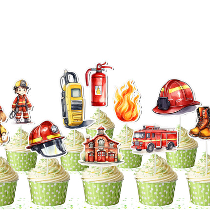 Firefighter Cupcake Toppers - Set of 10 | Rescue Party Decorations | Fireman-Themed Toppers
