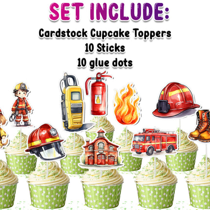 Firefighter Cupcake Toppers - Set of 10 | Rescue Party Decorations | Fireman-Themed Toppers