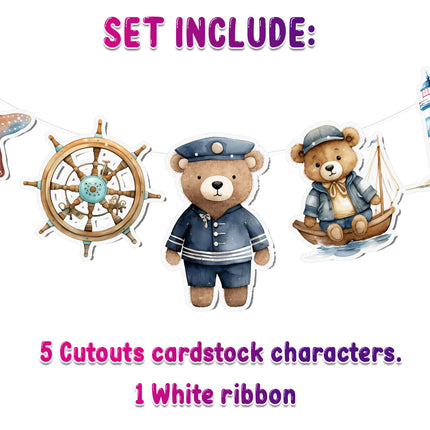Teddy Sailor 5 pcs Banner - Nautical Party Decor for Kids