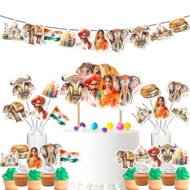 Indian Cultural Party Decoration Set – Cake Topper, Cupcake Toppers, Banner, and Centerpieces