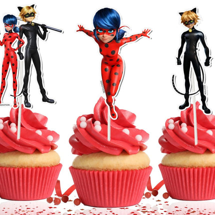 Miraculous Ladybug Cupcake Toppers - Set of 10, Perfect for Superhero Themed Parties!