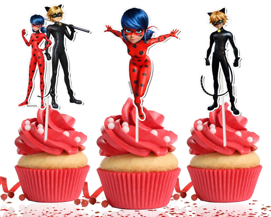 Miraculous Ladybug Cupcake Toppers - Set of 10, Perfect for Superhero Themed Parties!