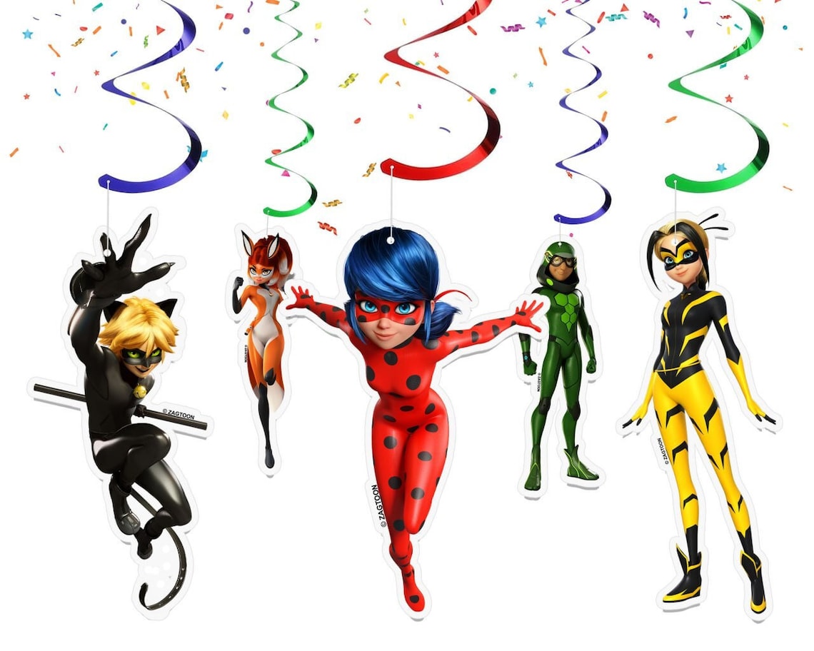 Miraculous Ladybug Ceiling Streamers/Swirls - Set of 10, Perfect for Themed Parties and Celebrations!