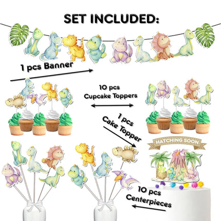 Dinosaur Party Decorations Kit - Complete Set with Banner, Cupcake Toppers, Cake Topper, and Centerpieces