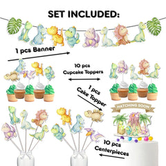 Dinosaur Party Decorations Kit - Complete Set with Banner, Cupcake Toppers, Cake Topper, and Centerpieces