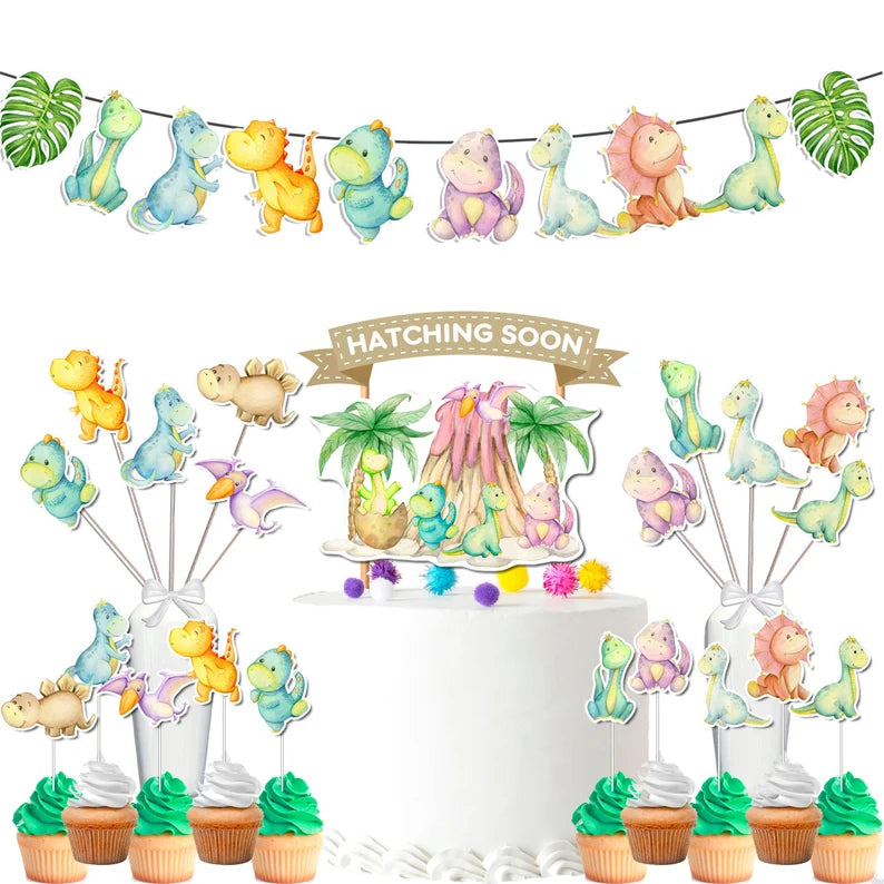 Dinosaur Party Decorations Kit - Complete Set with Banner, Cupcake Toppers, Cake Topper, and Centerpieces