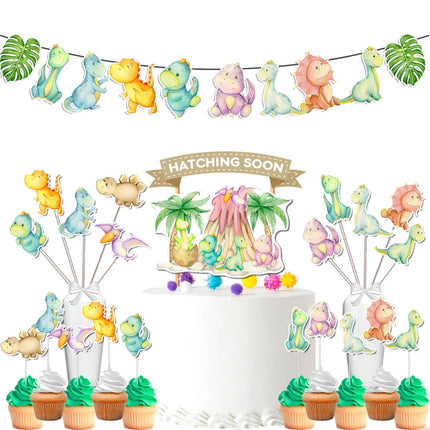 Dinosaur Party Decorations Kit - Complete Set with Banner, Cupcake Toppers, Cake Topper, and Centerpieces