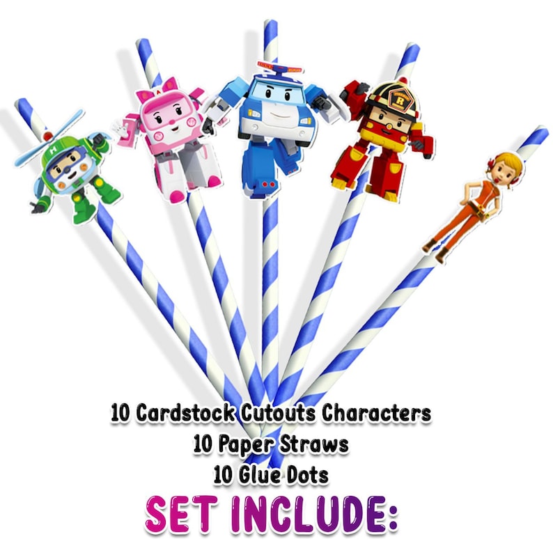 10 Pcs Fun Cartoon Robocar Poli Straws Set - Sip and Play with Your Robocar Heroes