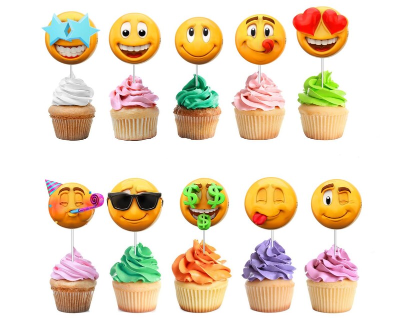10 Pcs New Emoji Smiley Faces Party Cupcake Toppers - Add Expressive Fun to Your Treats!