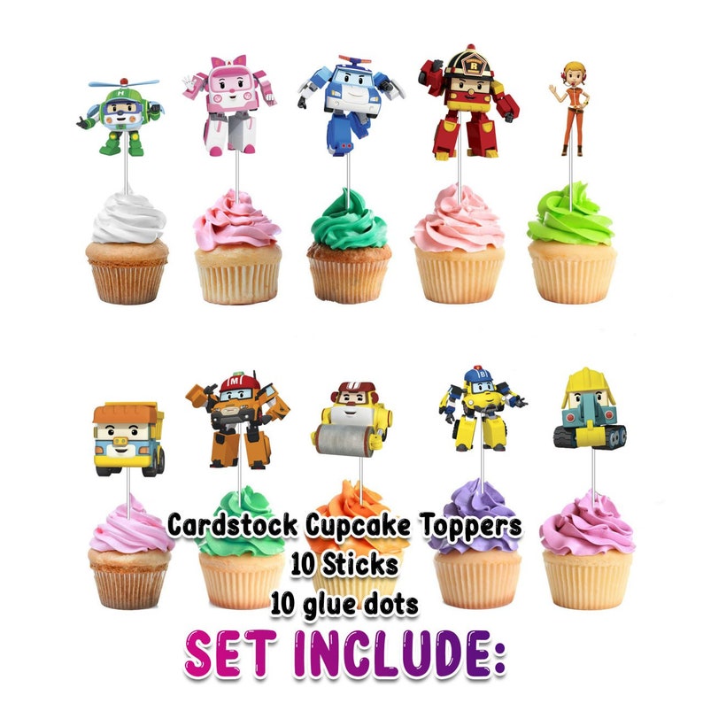 10 Pcs Adorable Cartoon Robocar Poli Cupcake Toppers - Bring Robocar Fun to Your Party