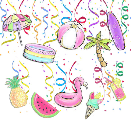Splashy Pool Party Swirl Decorations - Tropical Poolside Hanging Whirls for Summertime Fun