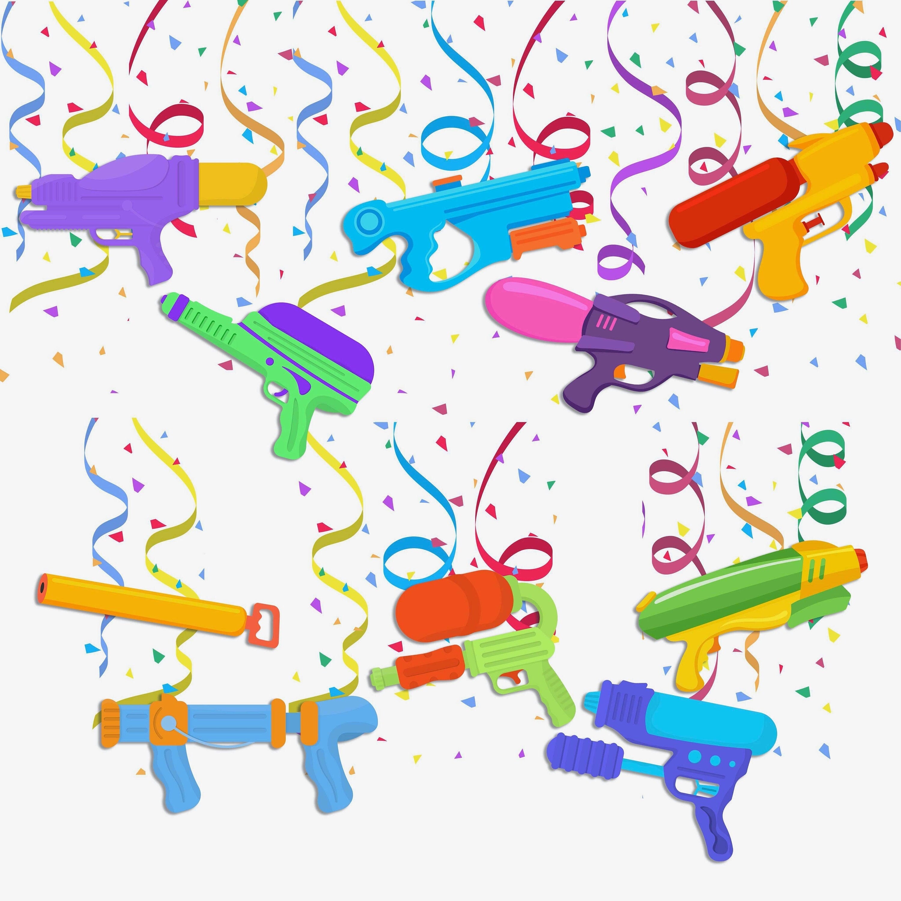 Splashy Water Gun Party Swirl Decorations - Vibrant Hanging Water Blaster Cutouts for Summer Fun