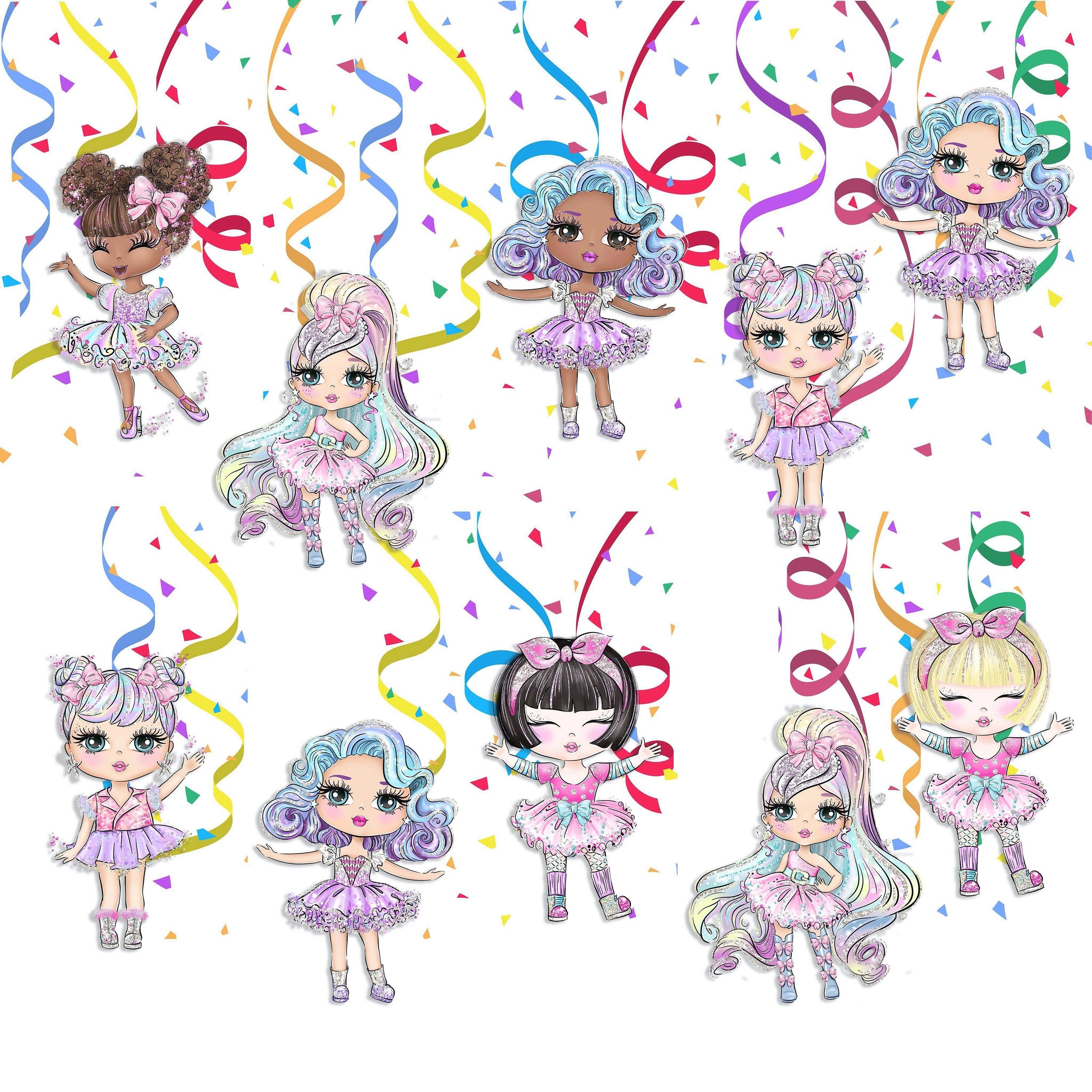 Enchanted Doll Swirl Decorations - Whimsical Fashion Doll Cutouts for Sparkling Party Themes