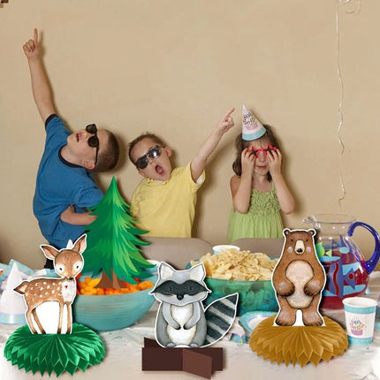 Whimsical Woodland Creatures Honeycomb Decor - 9pcs Forest Friends Party Centerpieces