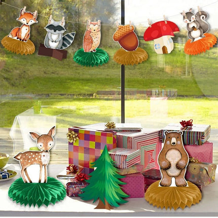 Whimsical Woodland Creatures Honeycomb Decor - 9pcs Forest Friends Party Centerpieces