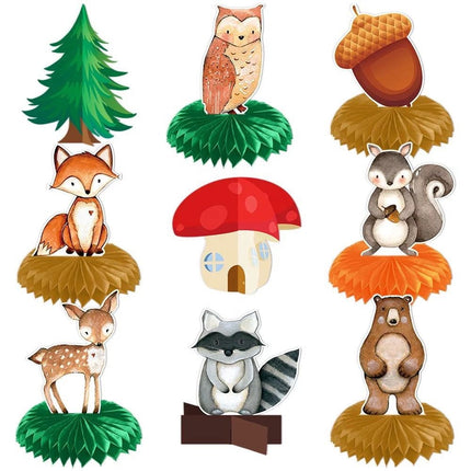 Whimsical Woodland Creatures Honeycomb Decor - 9pcs Forest Friends Party Centerpieces