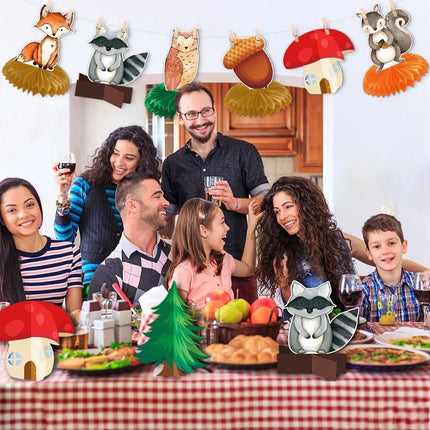 Whimsical Woodland Creatures Honeycomb Decor - 9pcs Forest Friends Party Centerpieces