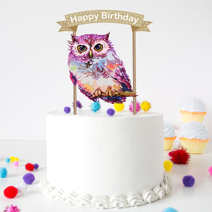 Kaleidoscope Gaze- Vibrant Watercolor Owl Cake Topper for Enchanting Birthdays