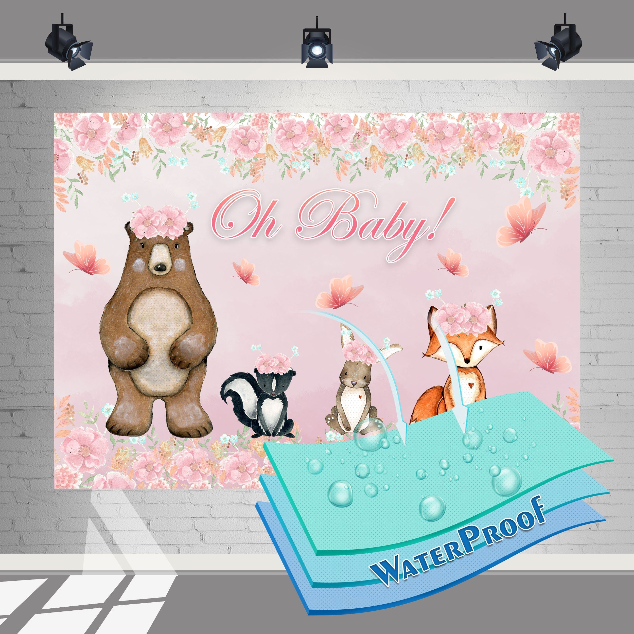 "Oh Baby Woodland" Baby Shower Backdrop 5x3 FT - Enchanting Forest Animals Theme