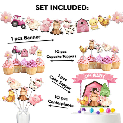 Farm Girl-Themed Baby Shower & Birthday Party Decorations  – Complete Set with Cake Topper, Cupcake Toppers, Centerpieces & Banner