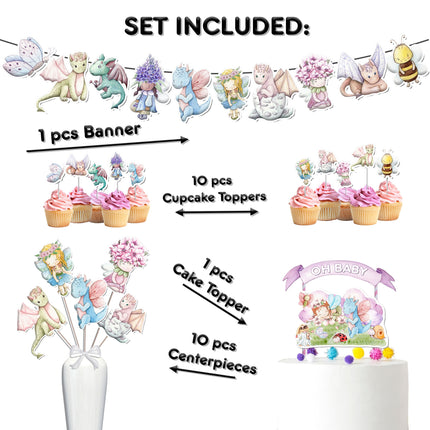 Enchanted Dragons and Fairies Party Decor Set - Magical Cake Topper, Cupcake Toppers, Centerpieces & Banner - Fantasy Celebration for Mystical Moments