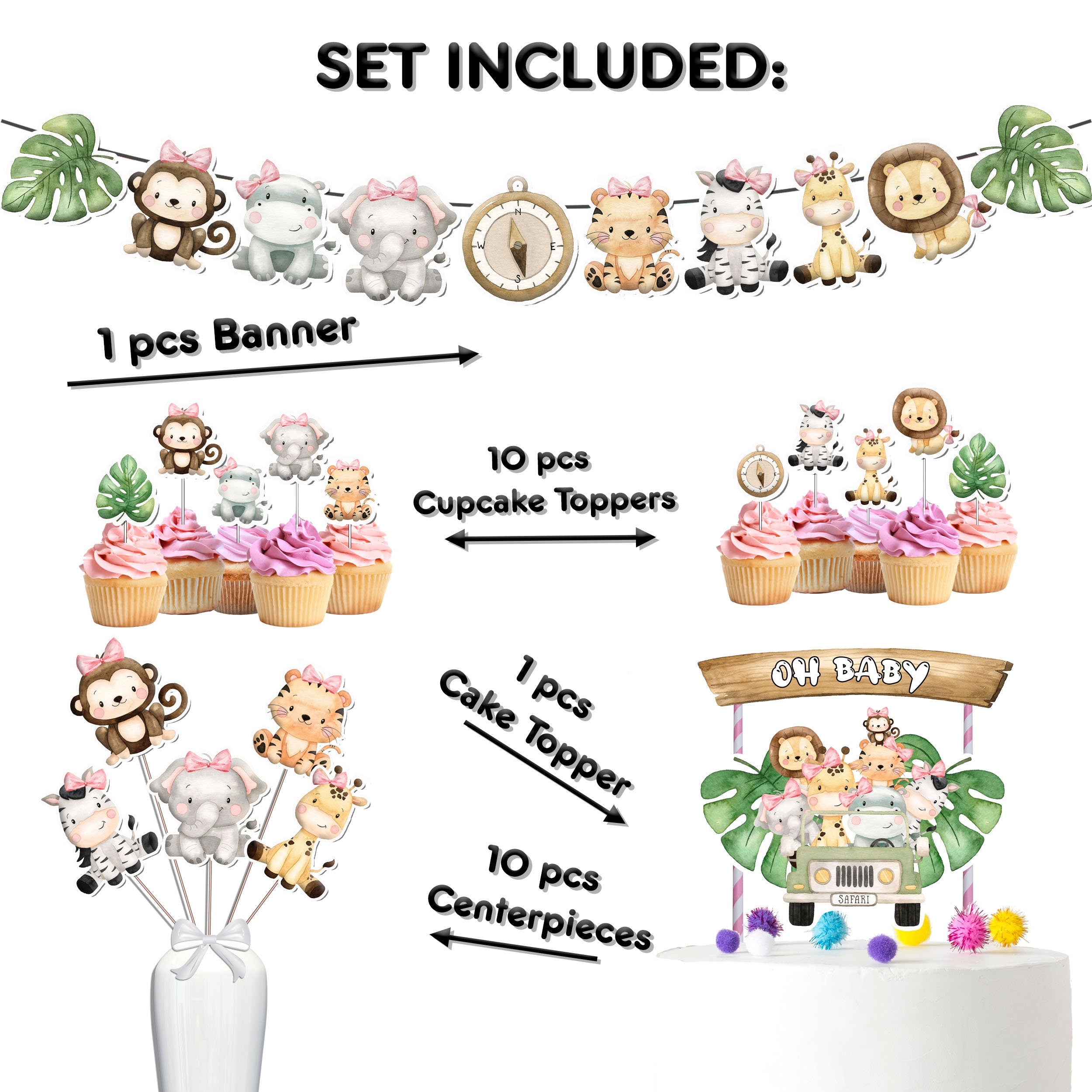 Jungle Animals Party Decoration Set for Baby Shower & Birthday - Banner, Cake & Cupcake Toppers, Centerpieces