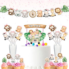 Jungle Animals Party Decoration Set for Baby Shower & Birthday - Banner, Cake & Cupcake Toppers, Centerpieces