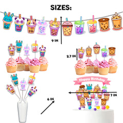 Sweet Boba Birthday Party Decor Set - Kawaii Cake Topper, Cupcake Toppers, Centerpieces & Banner - Bubble Up with Joy for a Tea-riffic Celebration