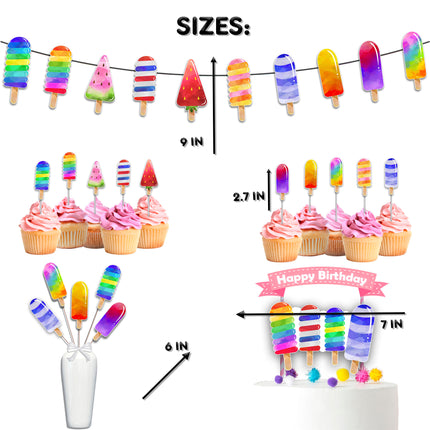 Sweet Popsicle Party Decor Set - Colorful Cake Topper, Cupcake Toppers, Centerpieces & Banner for Baby Showers and Birthdays