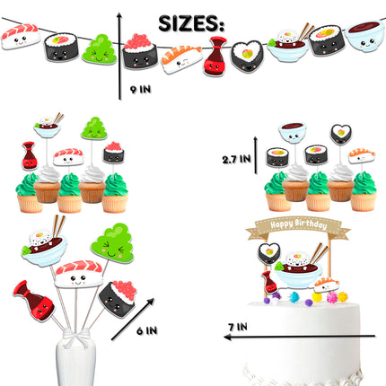 Kawaii Sushi Party Decor Set  - Perfect for Baby Showers & Birthdays with Cake Topper, Cupcake Toppers, Centerpieces & Banner