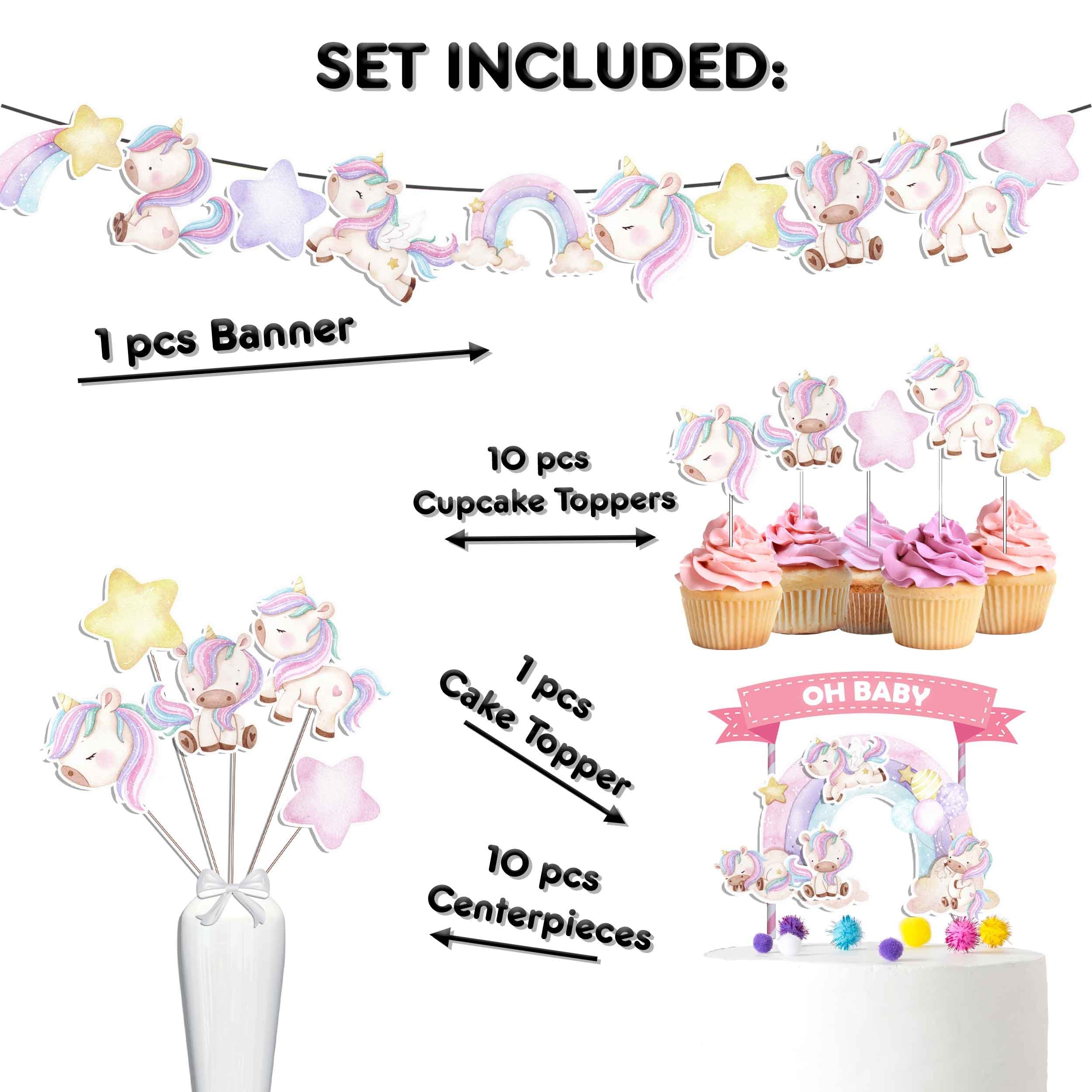 Enchanted Pastel Unicorn Party Decor Set - Dreamy Cake Topper, Cupcake Toppers, Centerpieces & Banner - Magical Celebration for All Ages