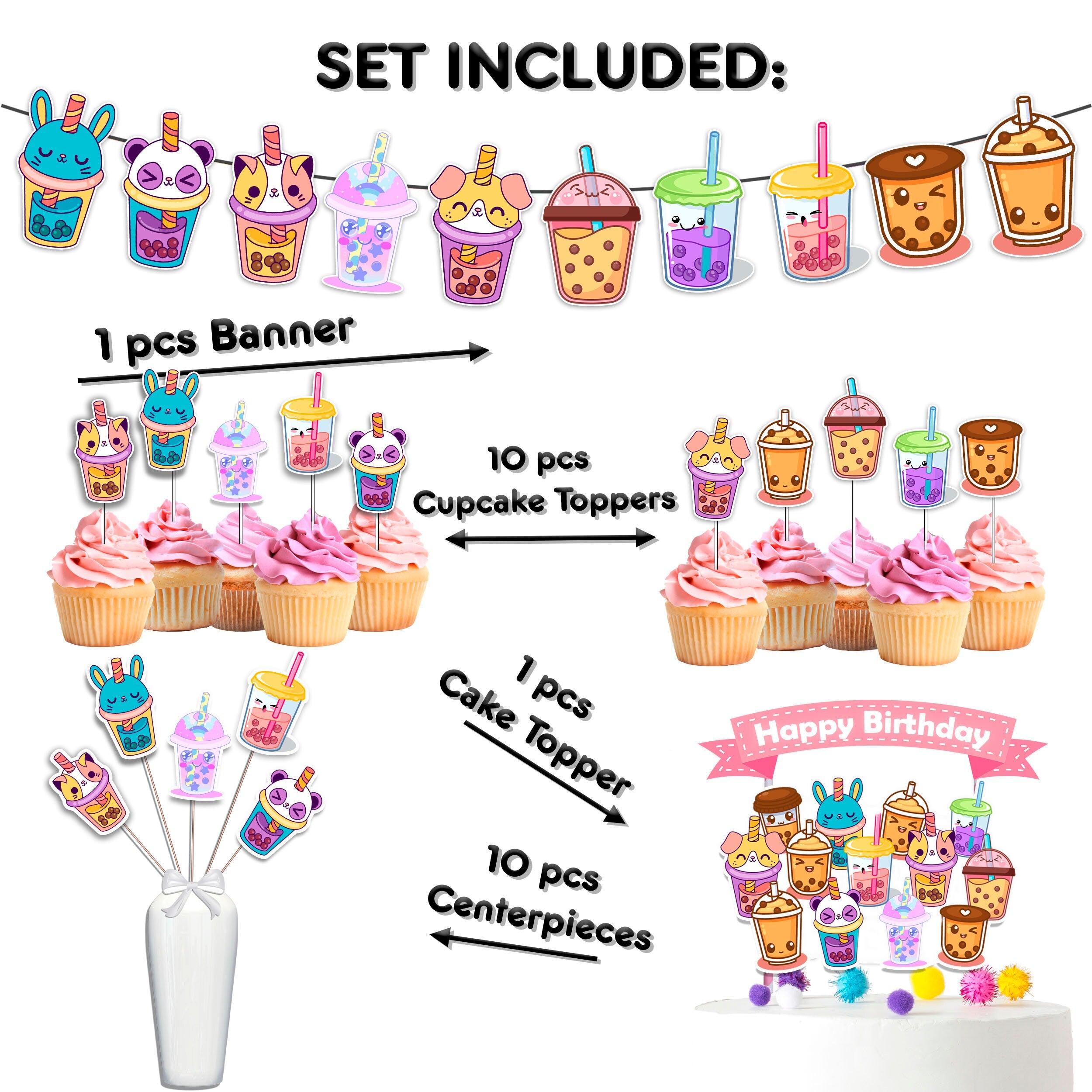 Sweet Boba Birthday Party Decor Set - Kawaii Cake Topper, Cupcake Toppers, Centerpieces & Banner - Bubble Up with Joy for a Tea-riffic Celebration