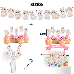 Sweet Pastel Bunny Party Decor Set - Soft Cake Topper, Cupcake Toppers, Centerpieces & Banner - Hop into a Serene Celebration