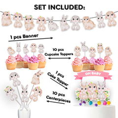 Sweet Pastel Bunny Party Decor Set - Soft Cake Topper, Cupcake Toppers, Centerpieces & Banner - Hop into a Serene Celebration