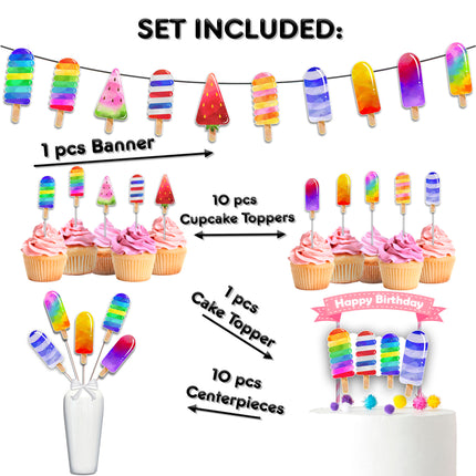 Sweet Popsicle Party Decor Set - Colorful Cake Topper, Cupcake Toppers, Centerpieces & Banner for Baby Showers and Birthdays