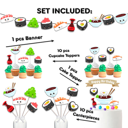 Kawaii Sushi Party Decor Set  - Perfect for Baby Showers & Birthdays with Cake Topper, Cupcake Toppers, Centerpieces & Banner