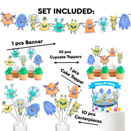 Out-of-this-World Alien Birthday Party Decor Set - Galactic Cake Topper, Cupcake Toppers, Centerpieces, & Banner - Cosmic Fun for Space-Themed Celebrations