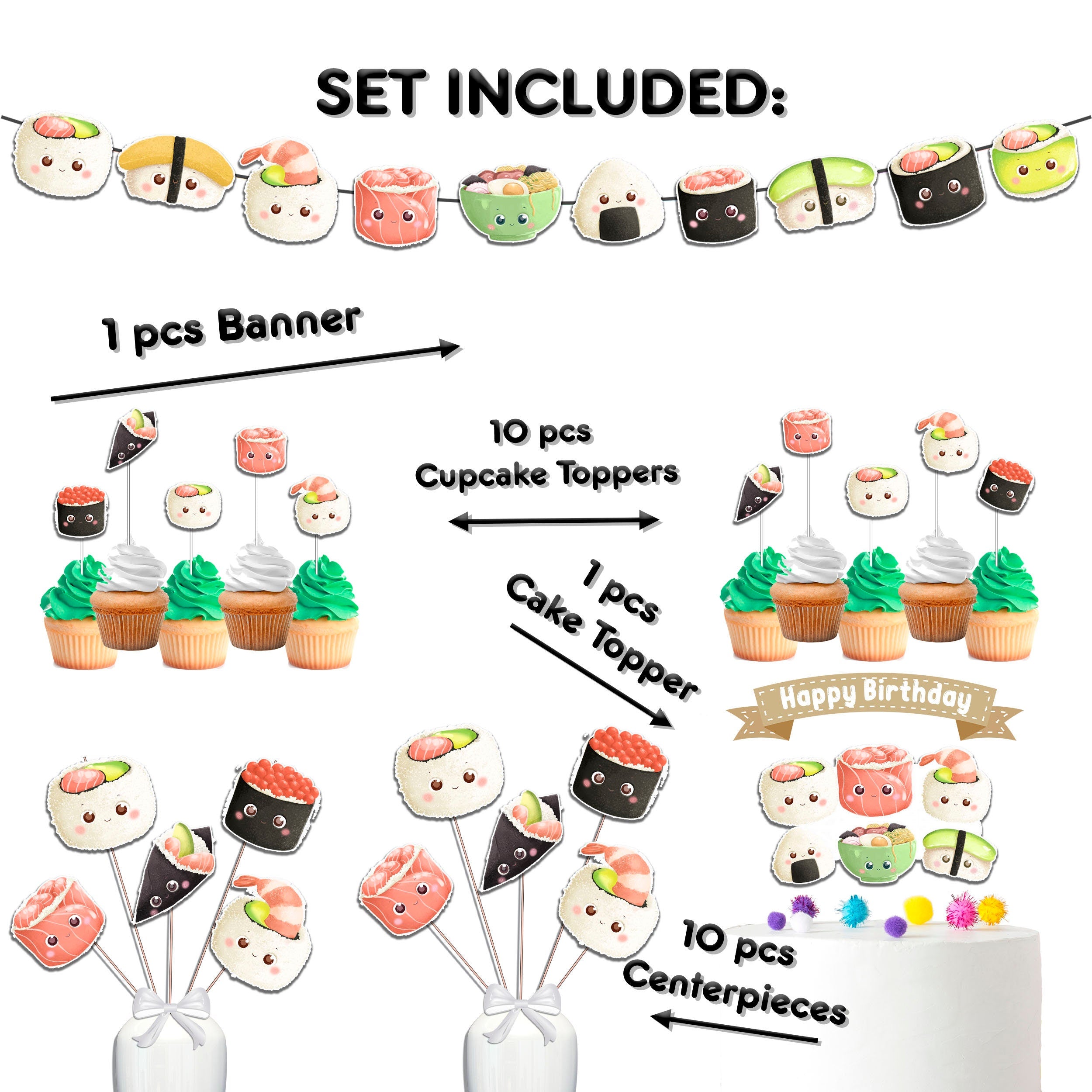 Sushi Delight Party Decor Set - Banner, Cake Topper, Cupcake Toppers & Centerpieces for Foodie Birthdays & Baby Showers