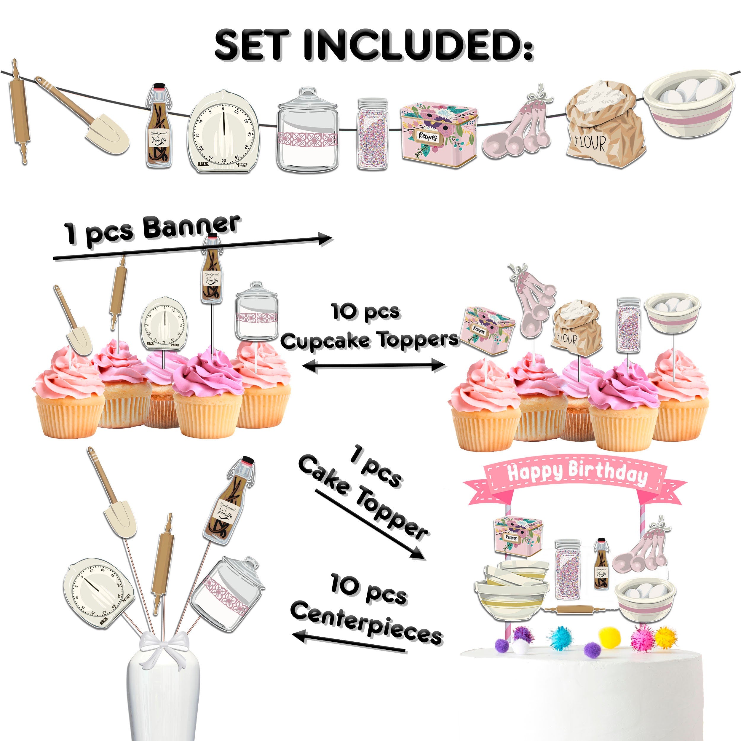 Chef's Delight Cooking Party Decor Set - Tasty Cake Topper, Cupcake To ...