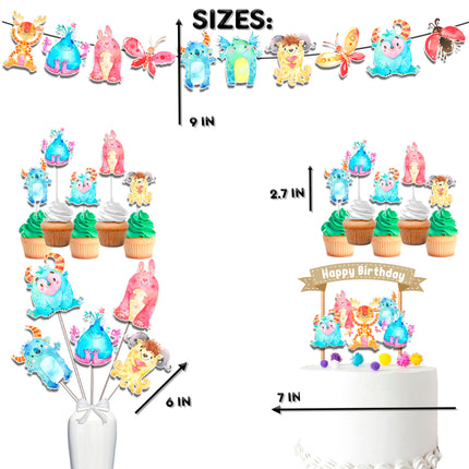 Whimsical Monster Bash Birthday Party Decor Set - Playful Cake Topper, Cupcake Toppers, Centerpieces, & Banner - Lively Celebration for Your Little Monster