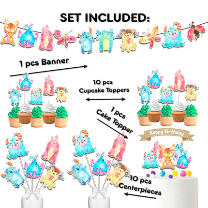 Whimsical Monster Bash Birthday Party Decor Set - Playful Cake Topper, Cupcake Toppers, Centerpieces, & Banner - Lively Celebration for Your Little Monster