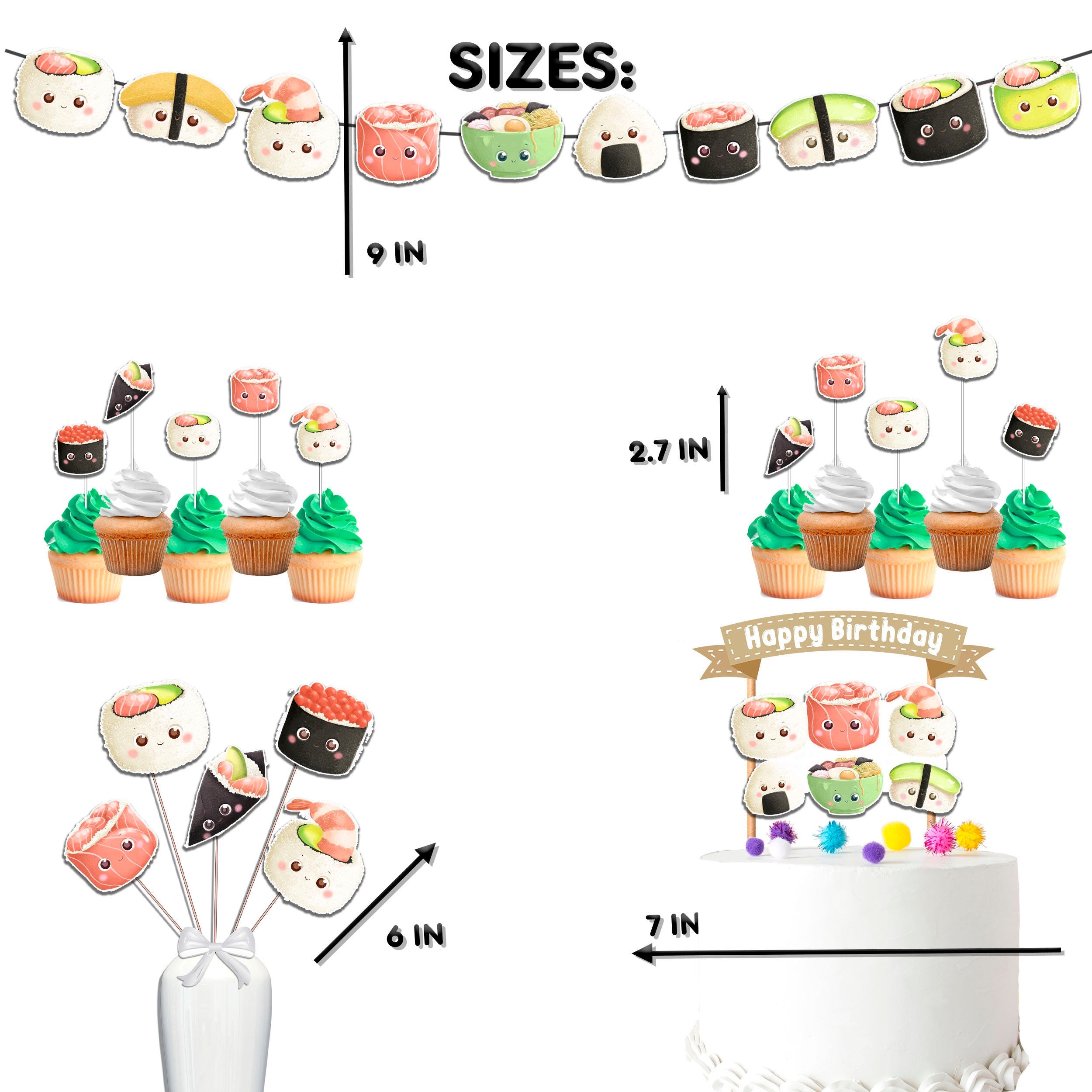 Sushi Delight Party Decor Set - Banner, Cake Topper, Cupcake Toppers & Centerpieces for Foodie Birthdays & Baby Showers