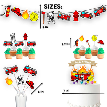 Blazing Firefighter Birthday Party Decor Set - Cake Topper, Cupcake Toppers, Centerpieces, & Banner - Ignite the Fun for Your Little Hero’s Big Day