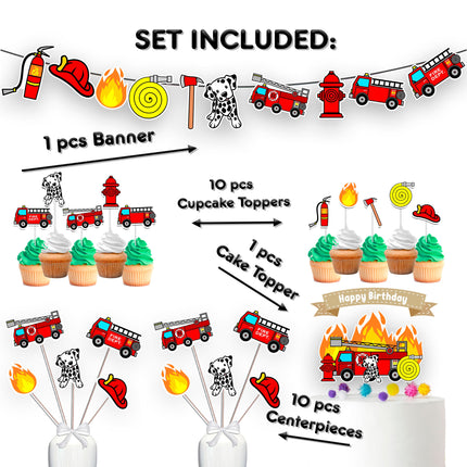 Blazing Firefighter Birthday Party Decor Set - Cake Topper, Cupcake Toppers, Centerpieces, & Banner - Ignite the Fun for Your Little Hero’s Big Day