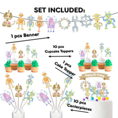 Whimsical Watercolor Robots Party Decor Set - Artistic Cake Topper, Cupcake Toppers, Centerpieces & Banner - Gear Up for a Techy Celebration