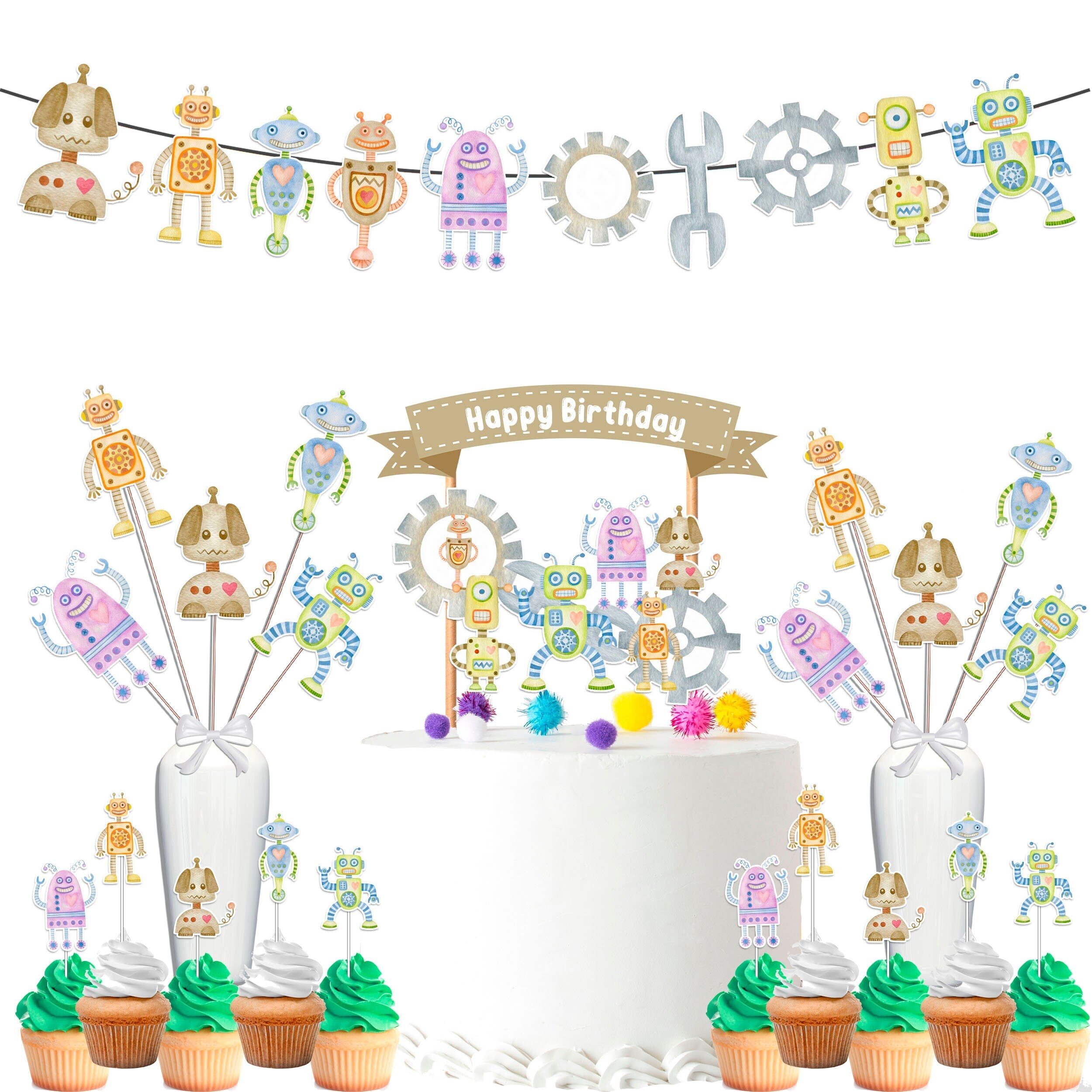 Whimsical Watercolor Robots Party Decor Set