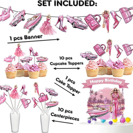 Pink Doll Extravaganza Party Decor Set - Fashionable Cake Topper, Cupcake Toppers, Centerpieces & Banner for Baby Showers and Birthdays