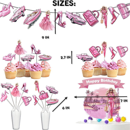 Pink Doll Extravaganza Party Decor Set - Fashionable Cake Topper, Cupcake Toppers, Centerpieces & Banner for Baby Showers and Birthdays