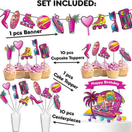Retro Chic Pink Doll Birthday Party Decor Set - Vibrant Cake Topper, Cupcake Toppers, Centerpieces, & Banner - Celebrate in Style with a Vintage Vibe